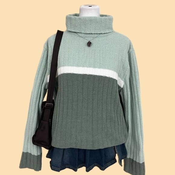 green striped y2k turtleneck sweater girly cozy downtown it girl - Picture 1 of 8